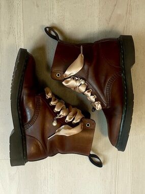 Dr. Martens Brown Leather Pascal Boots With Ribbon Laces and Adornments Size 6